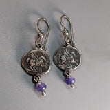 Sterling Silver Ancient Coin Replica Earrings, Pegasus, with Tanzanite Bead Drop
