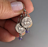 Sterling Silver Ancient Coin Replica Earrings, Pegasus, with Tanzanite Bead Drop