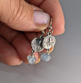 Sterling Silver Ancient Coin Replica Earrings, Octopus, with Aqua Drops