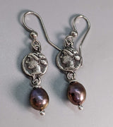 Sterling Silver Ancient Coin Replica Earrings, Artemis, with Pearl Drops