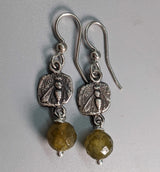 Sterling Silver Ancient Coin Replica Earrings, Bee, with Spectrolite Drops