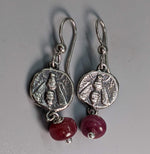 Sterling Silver Ancient Coin Earrings, Bee, with Ruby Drops