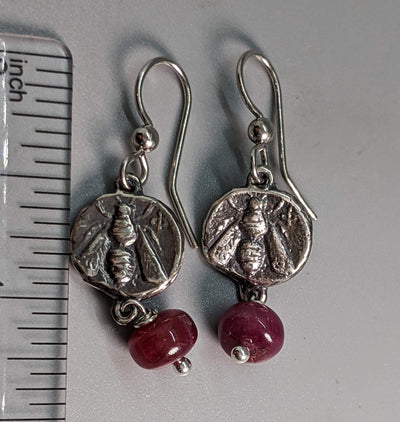 Sterling Silver Ancient Coin Earrings, Bee, with Ruby Drops