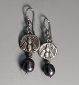 Sterling Silver Ancient Coin Replica Earrings, Bee, with Pearl Drops