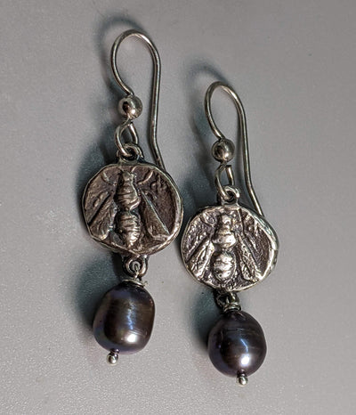 Sterling Silver Ancient Coin Replica Earrings, Bee, with Pearl Drops
