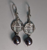 Sterling Silver Ancient Coin Replica Earrings, Bee, with Pearl Drops