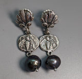 Sterling Silver Ancient Coin Replica Earrings, Bees, with Pearl Drops
