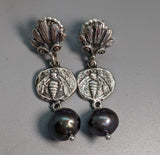 Sterling Silver Ancient Coin Replica Earrings, Bee, with Dark Pearl Drops