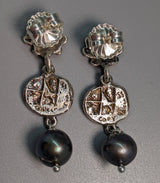 Sterling Silver Ancient Coin Replica Earrings, Bee, with Dark Pearl Drops