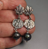 Sterling Silver Ancient Coin Replica Earrings, Bee, with Dark Pearl Drops
