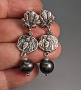 Sterling Silver Ancient Coin Replica Earrings, Bees, with Pearl Drops
