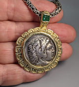 Alexander the Great, AR Tetradrachm, 14kt Gold Pendant with Emerald