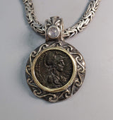 Ancient Bronze Athena, Sterling Silver Pendant with 14kt Gold Bezel