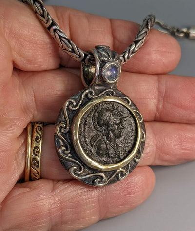 Ancient Bronze Athena, Sterling Silver Pendant with 14kt Gold Bezel