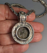 Ancient Bronze Athena, Sterling Silver Pendant with 14kt Gold Bezel