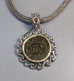 Roman Empire Ancient Bronze Coin, She-Wolf, Sterling Silver Pendant with 14kt Gold Bezel