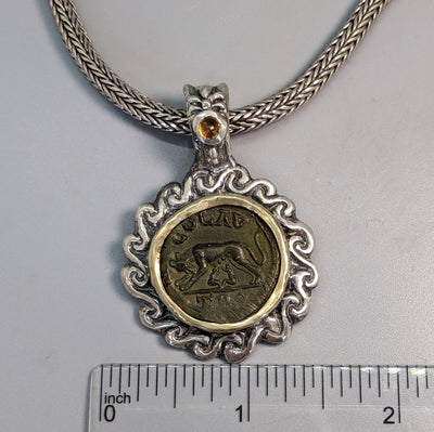 Roman Empire Ancient Bronze Coin, She-Wolf, Sterling Silver Pendant with 14kt Gold Bezel
