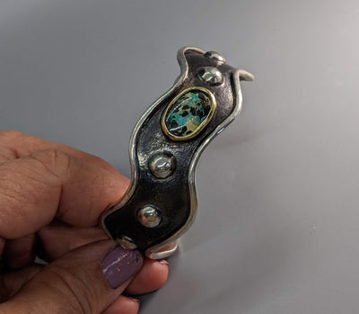 Yowah Opal, Sterling Silver Wavy Cuff Bracelet with 14kt Gold Bezel