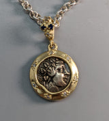 Ancient AR Didrachm, Dionysus, 14kt Gold Pendant with Diamonds and Sapphires