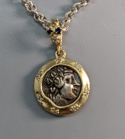 Ancient AR Didrachm, Dionysus, 14kt Gold Pendant with Diamonds and Sapphires