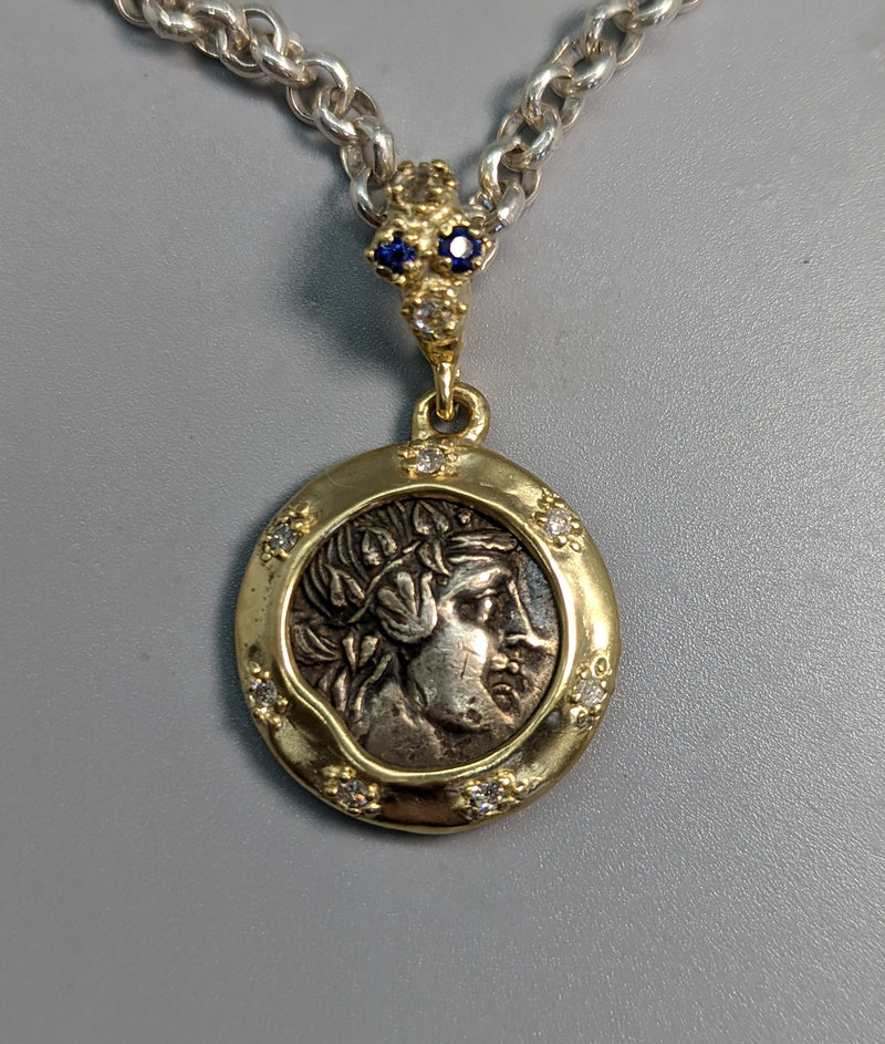 Ancient AR Didrachm, Dionysus, 14kt Gold Pendant with Diamonds and Sapphires