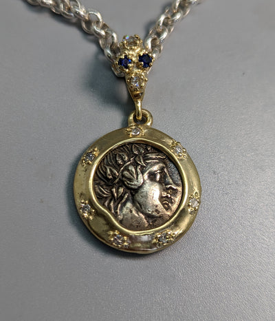 Ancient AR Didrachm, Dionysus, 14kt Gold Pendant with Diamonds and Sapphires