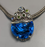 Fancy Cut London Blue Topaz, Sterling Silver Pendant with Green Diamonds and Rainbow Moonstones