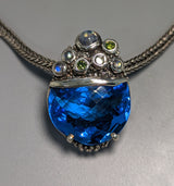 Fancy Cut London Blue Topaz, Sterling Silver Pendant with Green Diamonds and Rainbow Moonstones