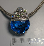 Fancy Cut London Blue Topaz, Sterling Silver Pendant with Green Diamonds and Rainbow Moonstones