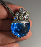 Fancy Cut London Blue Topaz, Sterling Silver Pendant with Green Diamonds and Rainbow Moonstones