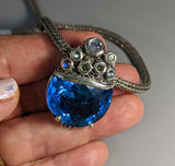 Fancy Cut London Blue Topaz, Sterling Silver Pendant with Green Diamonds and Rainbow Moonstones