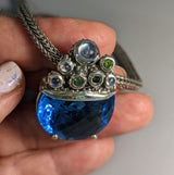 Fancy Cut London Blue Topaz, Sterling Silver Pendant with Green Diamonds and Rainbow Moonstones