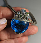 Fancy Cut London Blue Topaz, Sterling Silver Pendant with Green Diamonds and Rainbow Moonstones