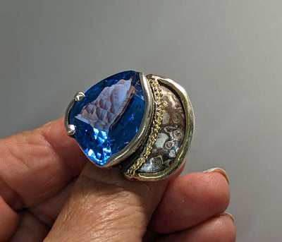 London Blue Topaz Sterling Silver and 14kt Gold Ring with Mokume Gane