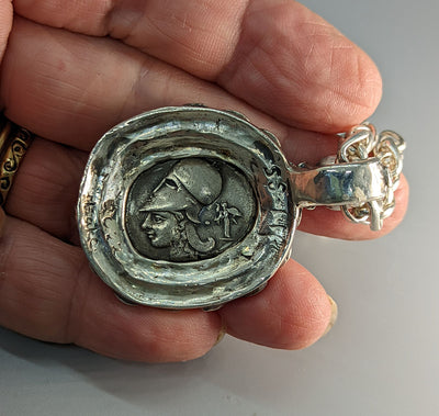 Very Nice Pegasus, AR Stater, Sterling Silver Pendant with 14kt Gold Bezel and Emerald on Bail