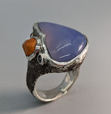 Lavender Chalcedony, Sterling Silver Ring with Spessartite Garnet Crystal and Rose Cut Black Diamonds