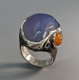 Lavender Chalcedony, Sterling Silver Ring with Spessartite Garnet Crystal and Rose Cut Black Diamonds