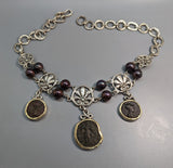 Ancient Bronze Coins, Sterling Silver and 14kt Gold Necklace with Pearls