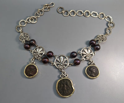 Ancient Bronze Coins, Sterling Silver and 14kt Gold Necklace with Pearls