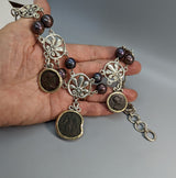 Ancient Bronze Coins, Sterling Silver and 14kt Gold Necklace with Pearls