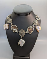 Sterling Silver Link Chain Necklace with Ammonites and Pearls