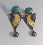 Keum Boo, Turquoise Earrings with 14kt Gold Accents and Pearl Drops