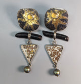 Keum Boo Earring Tops with Citrines and Mokume Gane, Black Coral and Pearl SS Drops