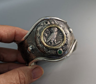 Old Style Athena Tetradrachm, Sterling Silver/14kt Gold Cuff Bracelet