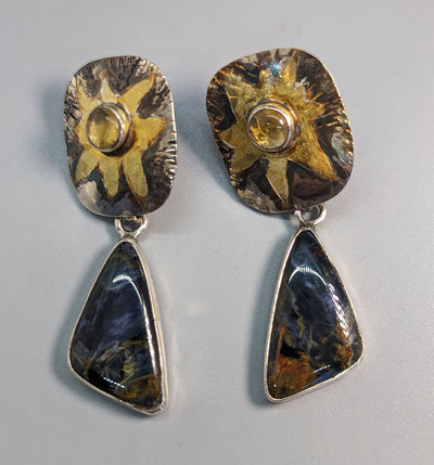 Keum Boo Earring Tops with Pietersite Sterling Silver Drops