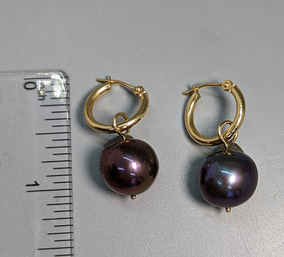Large Round Dark Freshwater Pearl, 14kt Gold Earrings
