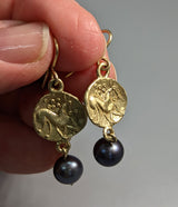 14kt Gold Ancient Celtic Coin Replica Earrings with Pearl Drops