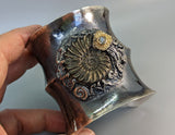 Ammonite Fossil, Sterling Silver Wide Cuff Bracelet with 14kt Gold
