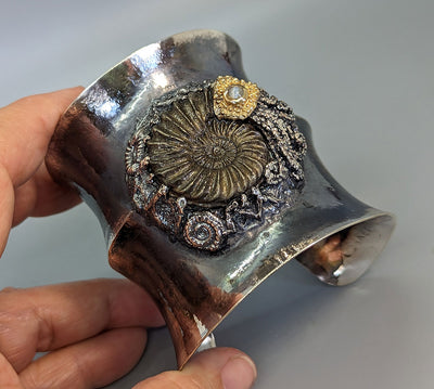 Ammonite Fossil, Sterling Silver Wide Cuff Bracelet with 14kt Gold
