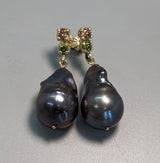 Large Freshwater Pearls with Champagne and Green Diamonds in 14kt Gold Earrings